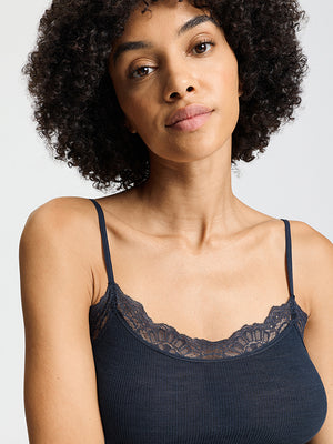 Woolen Lace Spaghetti Top in Navy