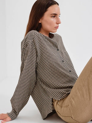 Vichy check flannel shirt with band collar