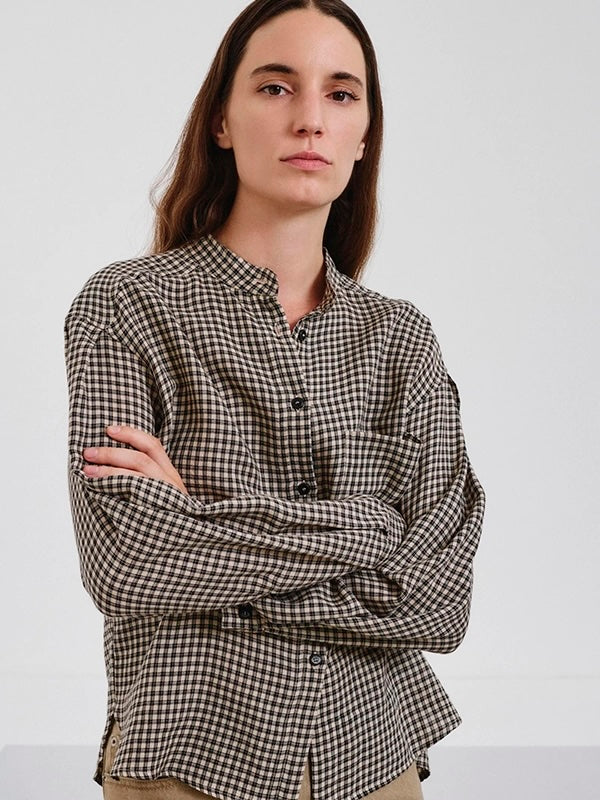 Vichy check flannel shirt with band collar