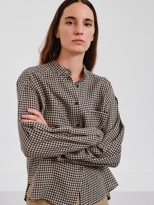 Vichy check flannel shirt with band collar